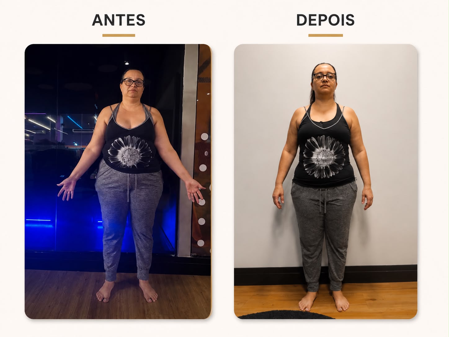 Ana Paula antes e depois de frente, -13 kg em 3 meses