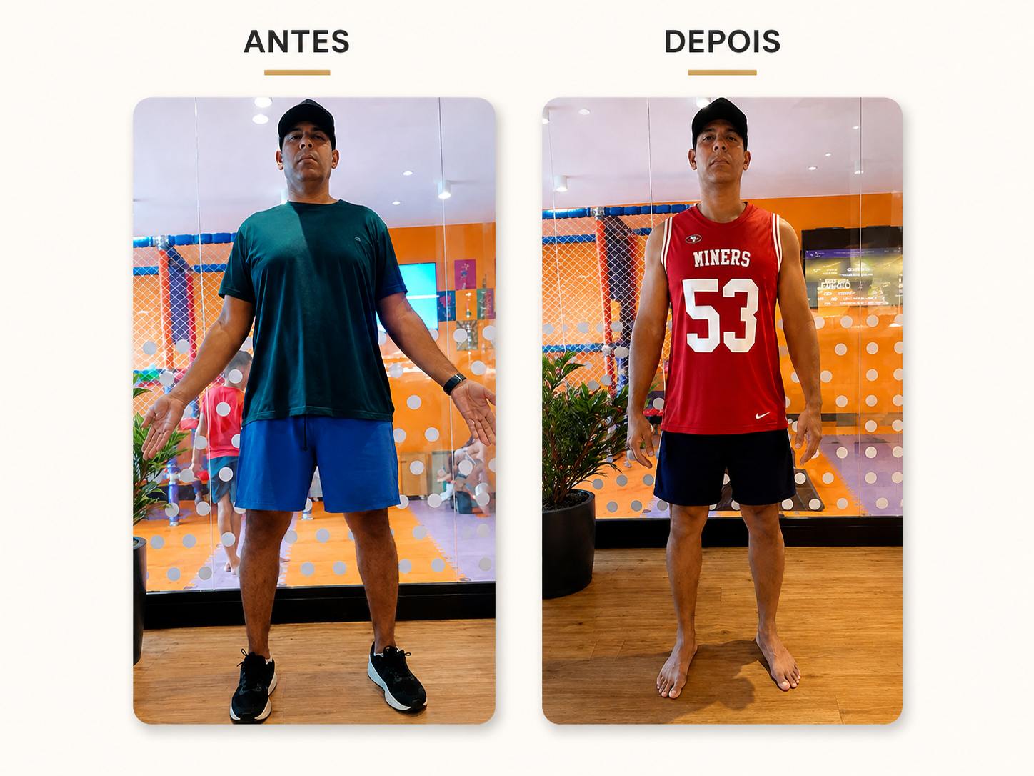 Aluno antes e depois com ganho de definição muscular