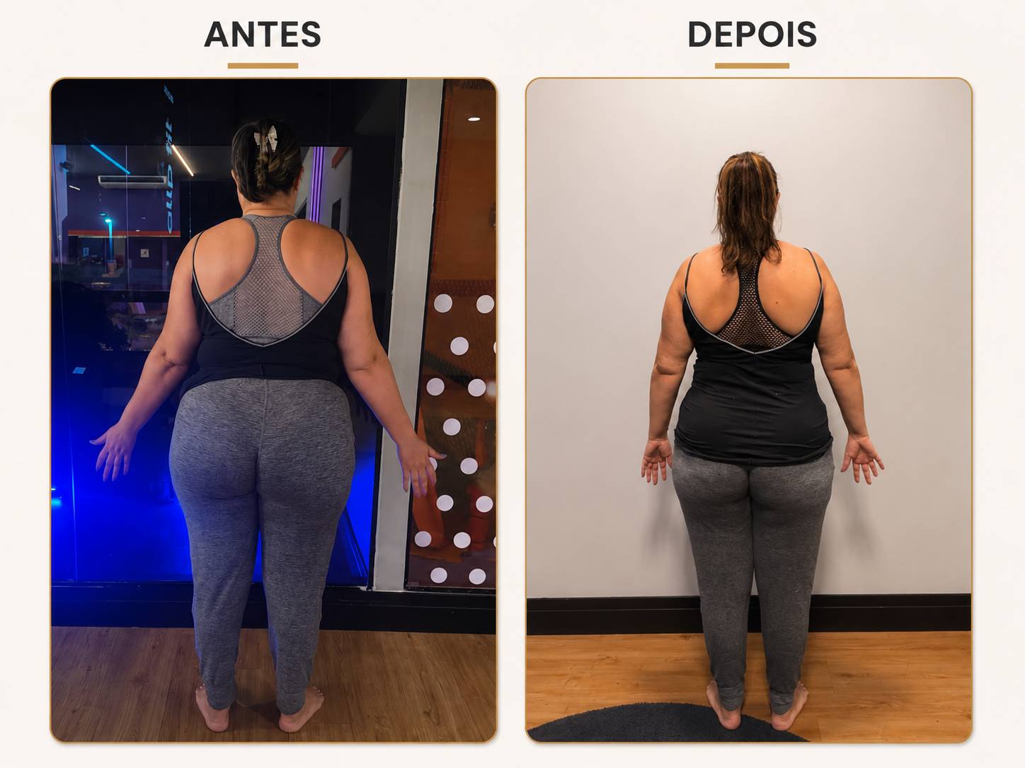 Ana Paula antes e depois de costas, -13 kg em 3 meses