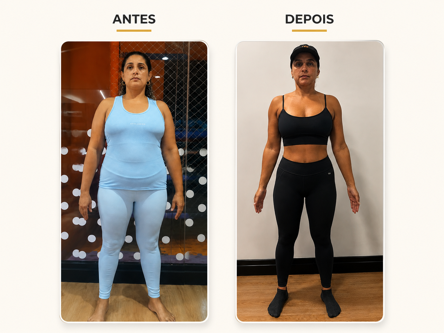 Aluna antes e depois com redução de gordura corporal